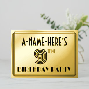 9th Birthday Party — Art Deco Style “9” & Name Foil Invitation