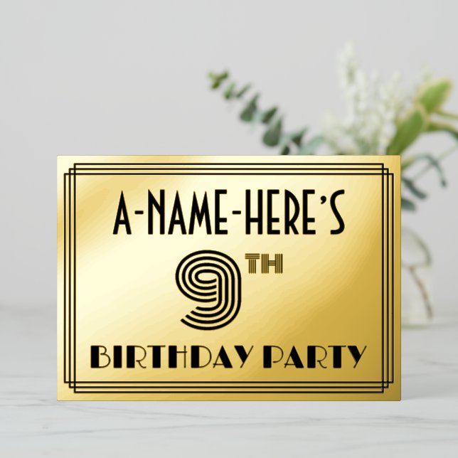 9th Birthday Party — Art Deco Style “9” & Name Foil Invitation (Standing Front)