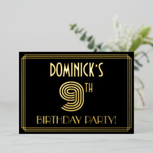 9th Birthday Party — Art Deco Style “9” + Name Foil Invitation