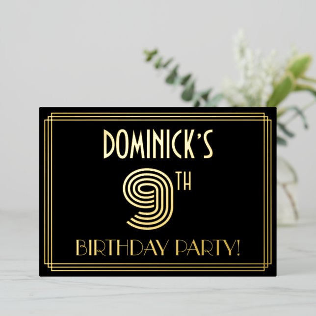 9th Birthday Party — Art Deco Style “9” + Name Foil Invitation (Standing Front)