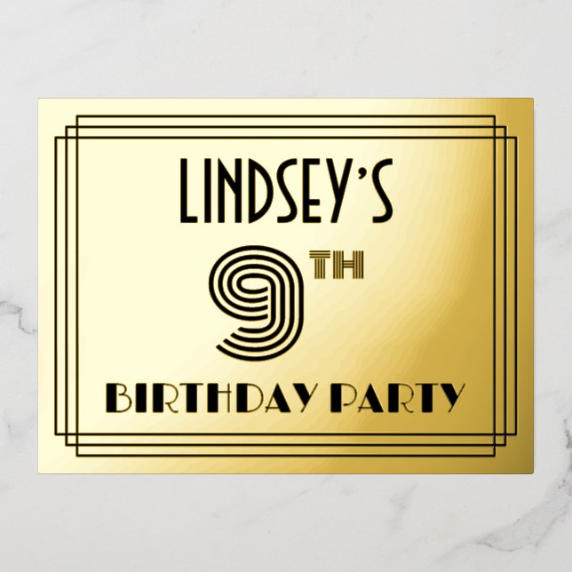 9th Birthday Party ~ Art Deco Style “9” + Name Foil Invitation Postcard (Front)