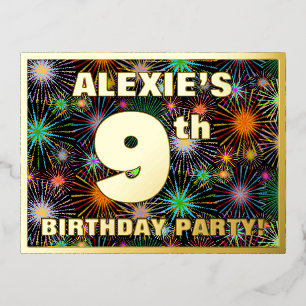 9th Birthday Party: Bold, Colorful Fireworks Look Foil Invitation Postcard