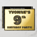 [ Thumbnail: 9th Birthday Party — Bold, Faux Wood Grain Text Invitation ]