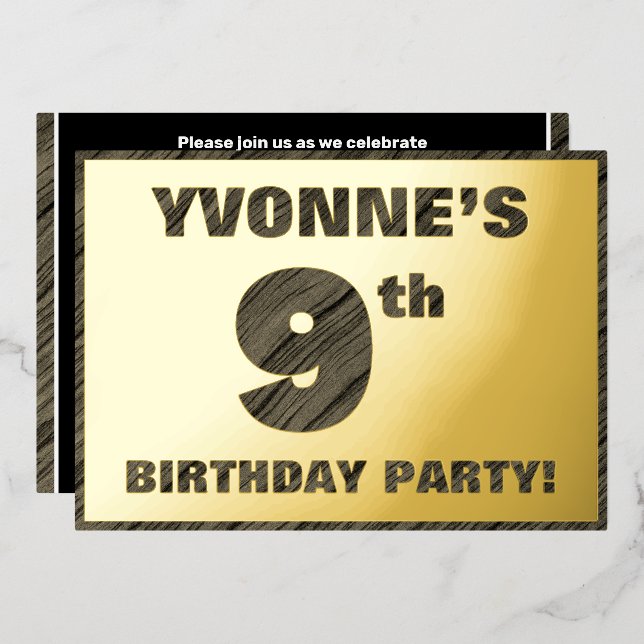 9th Birthday Party — Bold, Faux Wood Grain Text Foil Invitation (Front/Back)