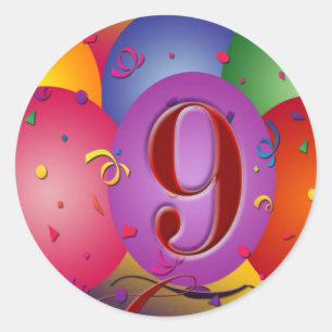 9th Birthday Party Colorful balloons Classic Round Sticker