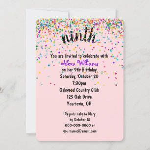 9th Birthday Party Confetti Invitation