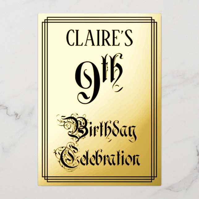 9th Birthday Party — Elegant Script + Custom Name Foil Invitation (Front)