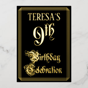 9th Birthday Party — Fancy Script & Custom Name Foil Invitation