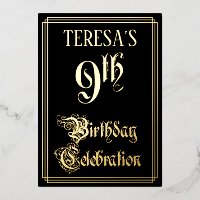 9th Birthday Party — Fancy Script & Custom Name Foil Invitation (Front)
