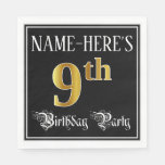 [ Thumbnail: 9th Birthday Party — Fancy Script, Faux Gold Look Napkins ]