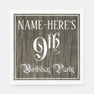9th Birthday Party — Fancy Script, Faux Wood Look Napkins