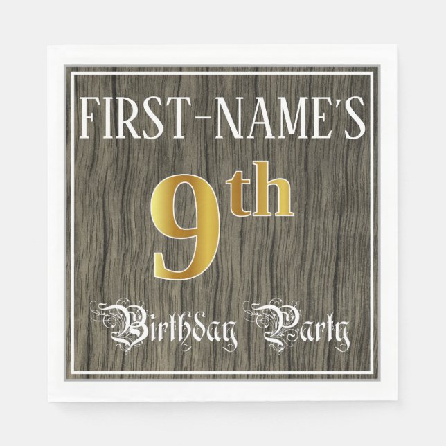 9th Birthday Party — Faux Gold & Faux Wood Looks Napkins (Front)