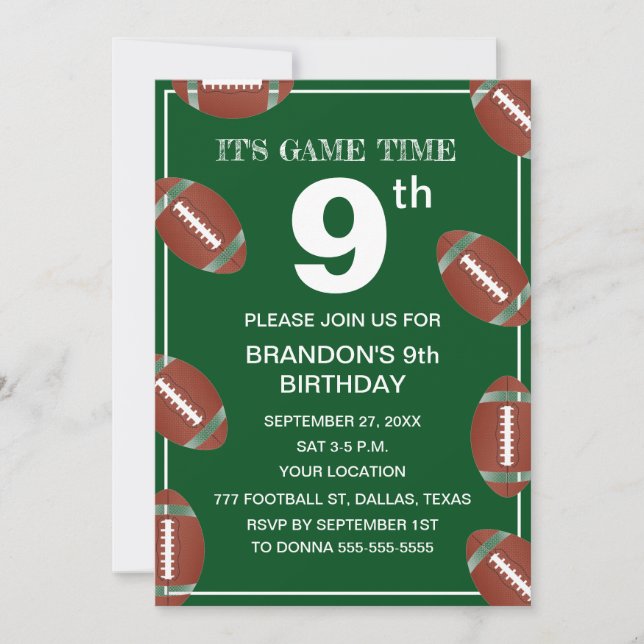 9th Birthday Party Football Green Sport Kids Boy Invitation (Front)
