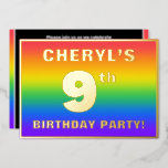 [ Thumbnail: 9th Birthday Party: Fun, Colorful Rainbow Pattern Invitation ]