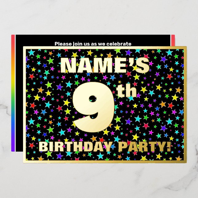 9th Birthday Party — Fun, Colorful Stars Pattern Foil Invitation (Front/Back)