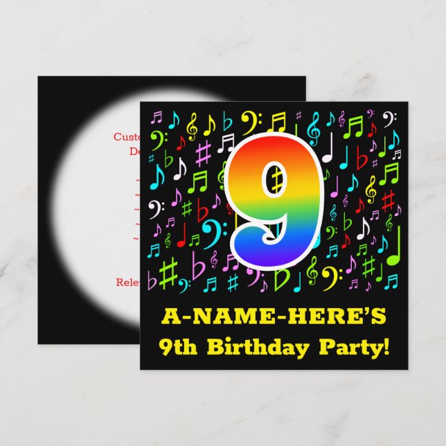 9th Birthday Party: Fun Music Symbols, Rainbow 9 Invitation (Front/Back)