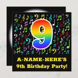 9th Birthday Party: Fun Music Symbols, Rainbow 9 Invitation
