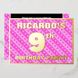 9th Birthday Party — Fun Pink Hearts and Stripes Foil Invitation