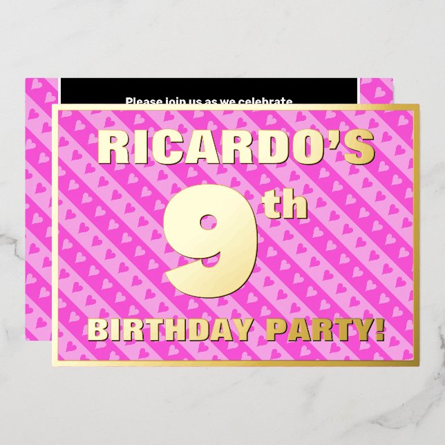 9th Birthday Party — Fun Pink Hearts and Stripes Foil Invitation (Front/Back)