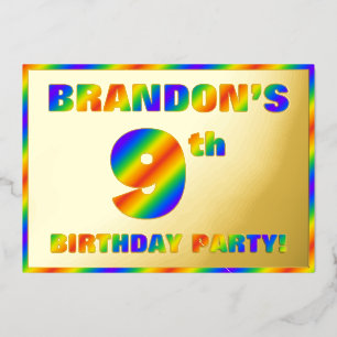9th Birthday Party — Fun, Rainbow Spectrum “9” Foil Invitation