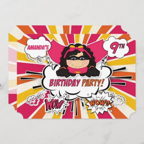 9th Birthday Party Girls Superhero Pink Comic Invi Invitation