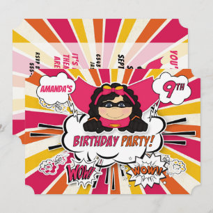 9th Birthday Party Girls Superhero Pink Comic Invitation