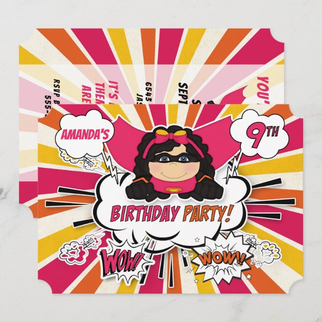 9th Birthday Party Girls Superhero Pink Comic Invitation (Front/Back)