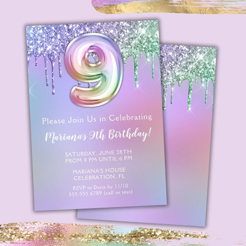 9th Birthday Party Invitation Purple Pink Glitter