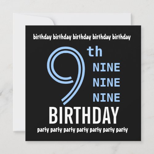 9th Birthday Party Modern Blue and Black G200 Custom Invitation
