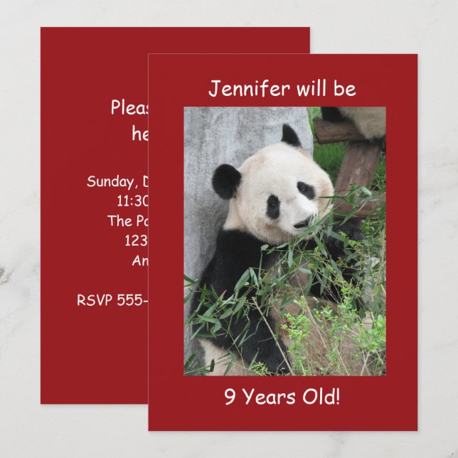 9th Birthday Party, Name, Giant Pandas Red Invitation (Front/Back)