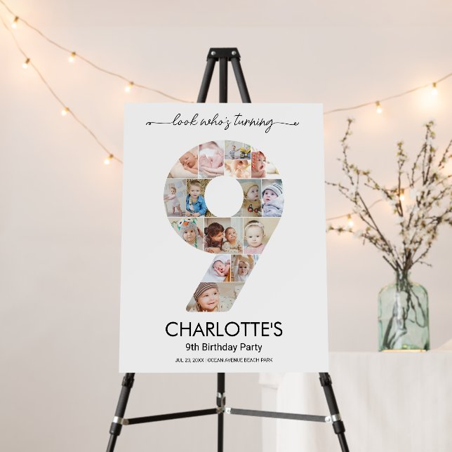 9th Birthday Party Number 9 Custom Photo Collage Foam Board (In Situ (Stand))