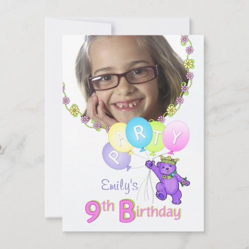 9th Birthday Party Princess Bear Custom Photo Invitation