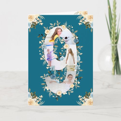 9th Birthday Photo Collage Blue Yellow Flower Teal Card