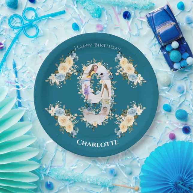 9th Birthday Photo Collage Blue Yellow Flower Teal Paper Plates (Party)
