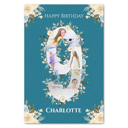 9th Birthday Photo Collage Teal Blue Yellow Flower Tissue Paper