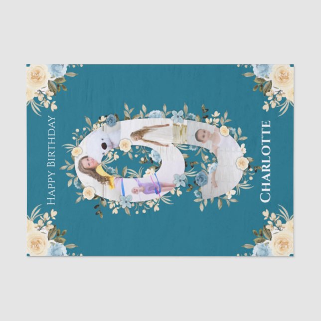 9th Birthday Photo Collage Teal Blue Yellow Flower Tissue Paper (Front)
