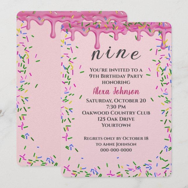 9th Birthday Pink Icing And Sprinkles Invitation (Front/Back)