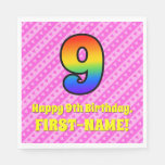 [ Thumbnail: 9th Birthday: Pink Stripes & Hearts, Rainbow # 9 Napkins ]