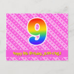 [ Thumbnail: 9th Birthday: Pink Stripes & Hearts, Rainbow 9 Postcard ]
