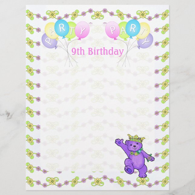 9th Birthday Princess Bear Party Scrapbook Paper 1 (Front)