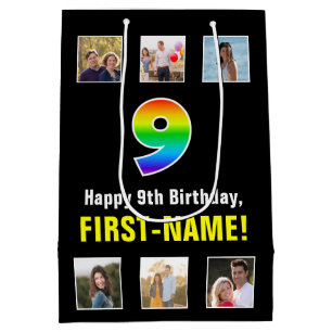 9th Birthday: Rainbow “9“, Custom Photos & Name Medium Gift Bag