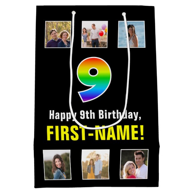9th Birthday: Rainbow “9“, Custom Photos & Name Medium Gift Bag (Back)