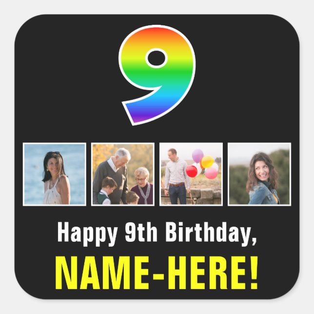 9th Birthday: Rainbow “9”; Custom Photos & Name Square Sticker (Front)