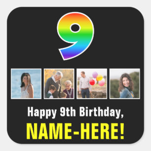 9th Birthday: Rainbow “9”; Custom Photos & Name Square Sticker