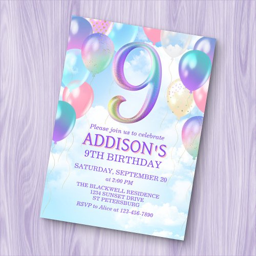 9th Birthday Rainbow Balloons Invitation