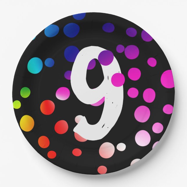 9th Birthday Rainbow Dots Paper Plates (Front)