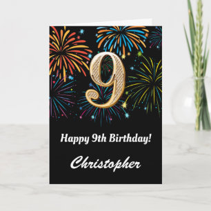 9th Birthday Rainbow Fireworks Black and Gold Card