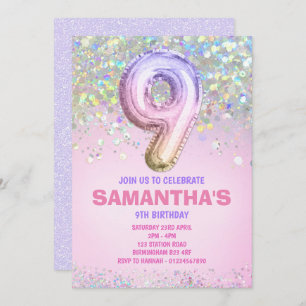 9th Birthday, Rainbow Glitter Birthday Invitation