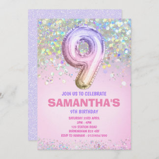 9th Birthday, Rainbow Glitter Birthday Invitation
