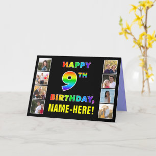 9th Birthday: Rainbow Text, Custom Photos & Name Card